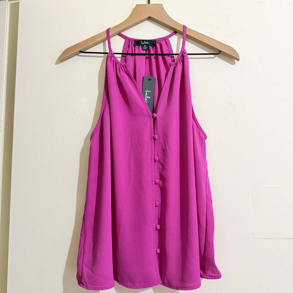NWT Lulus Sleeveless Button-Front Halter Top in Hot Pink Flowy Romantic